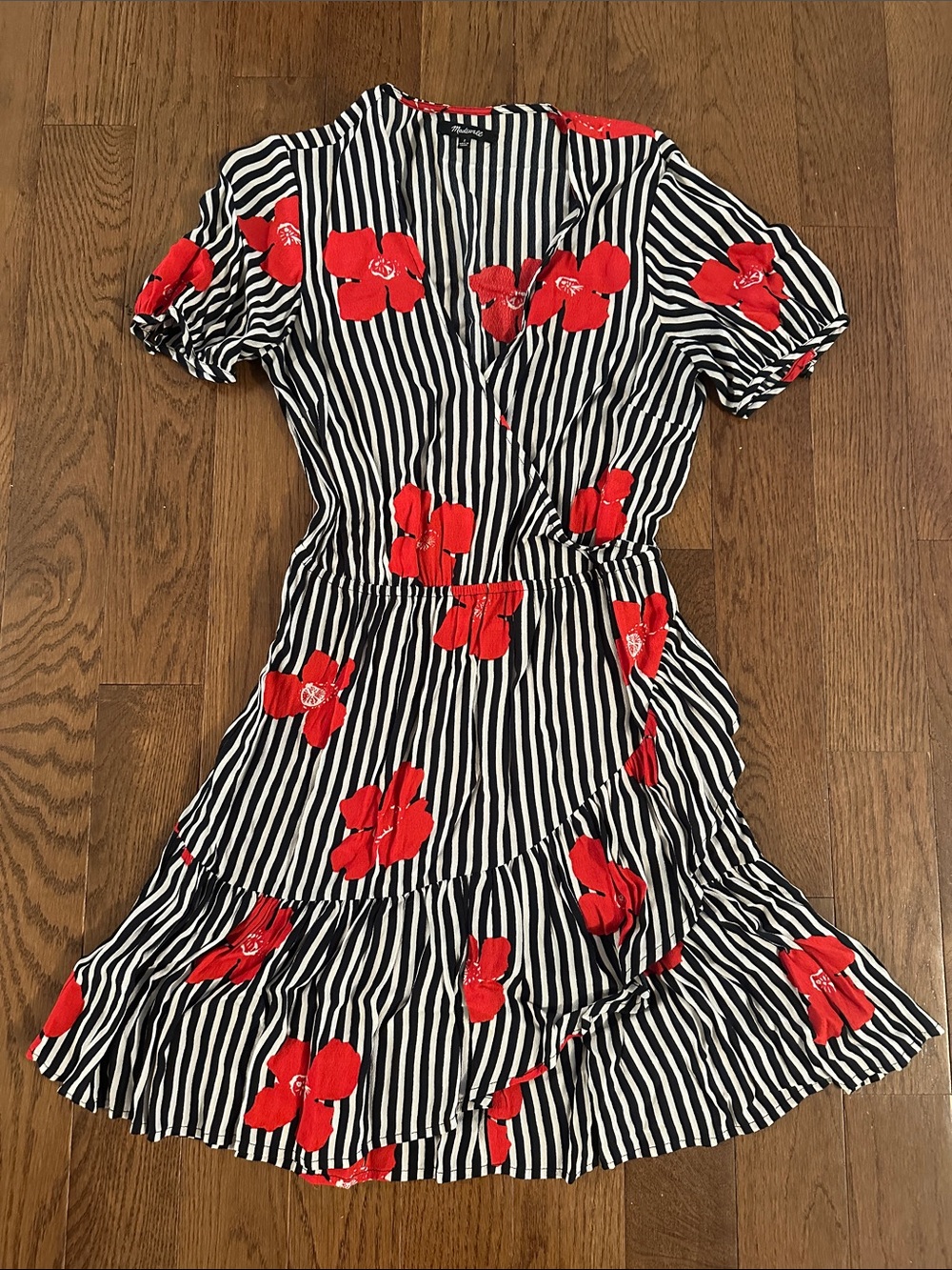 Madewell Women’s Black & White Stripe Dress with Red Floral Print